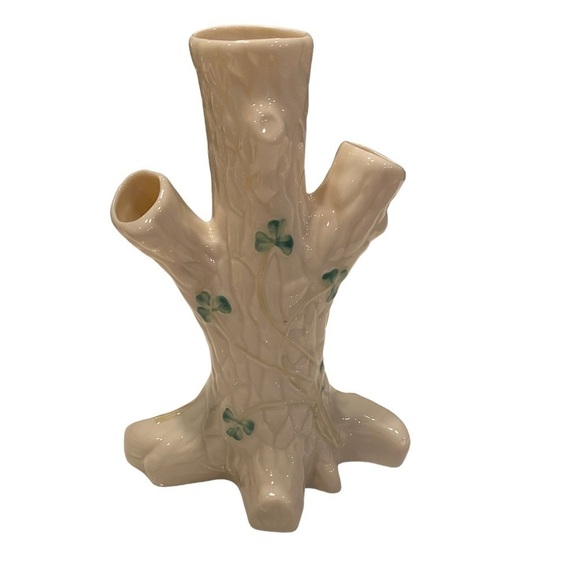 Vintage Belleek Ireland Porcelain Shamrock Triple Trunk Tree Shape Bud Vase - Picture 2 of 13